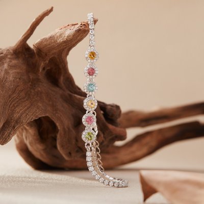 Natural Tourmaline Gemstone Bracelet for Women Made With S925 Sterling Silver and Featuring Candy Colored Gemstones